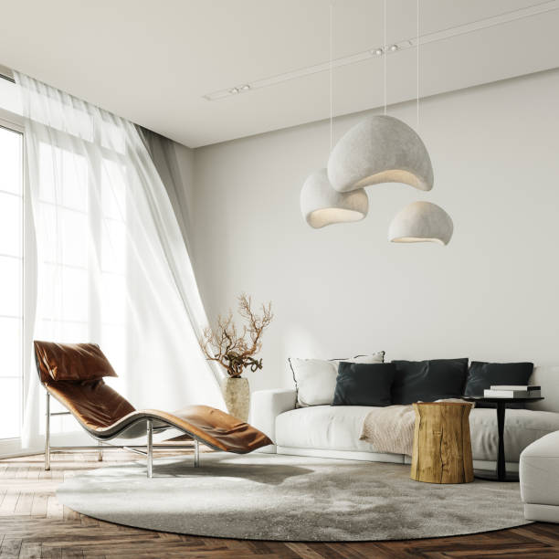 istock Modern white interior with brown leather armchair and contemporary lightning. 1483549942