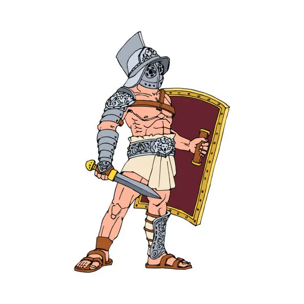 Vector illustration of An ancient Roman gladiator with a gladius and a heavy shield.