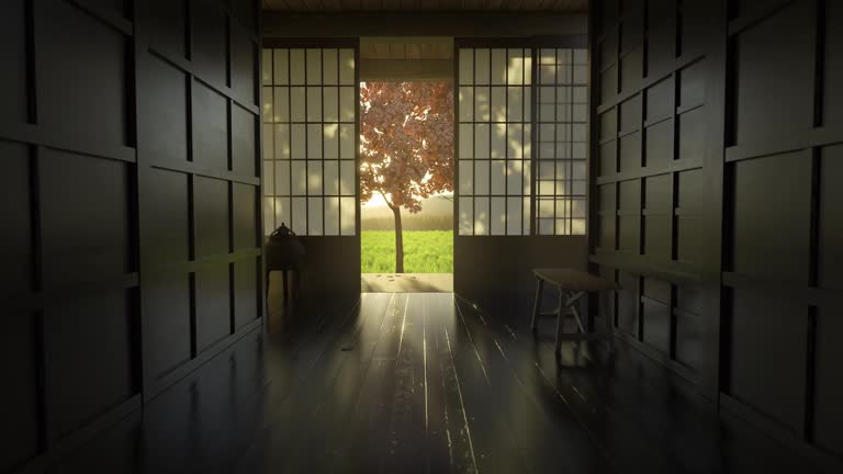 japanese wooden corridor with shoji sliding doors in the evening sunlight