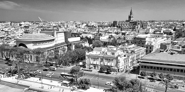 Sevilla, Andalusia. Aerial view of beautiful city streets and buildings on a sunny morning - Spain