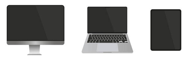 illustrations, cliparts, dessins animés et icônes de ecran vierge lcd moniteur espace gris macbook pro. ensemble de maquette d’écran réaliste de l’appareil. ordinateur portable, tablette et écran d’ordinateur. - macbook