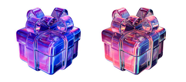 confezione regalo in vetro olografico 3d su sfondo isolato. presente con colori al neon. illustrazione di rendering 3d. - birthday hologram glass gift foto e immagini stock