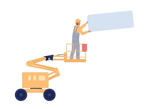 Worker with panel standing on aerial lift semi flat color vector character. Construction site. Editable concept on white. Simple cartoon style spot illustration for web graphic design and animation
