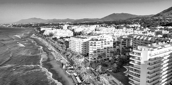 Marbella, Andalusia. Beauiful aerial view of cityscape along the coast at dawn, Spain