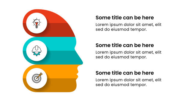 illustrazioni stock, clip art, cartoni animati e icone di tendenza di modello di infografica. testa da un lato con 3 icone - 2 3 anni