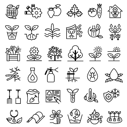 Single color isolated outline icons showing gardening procedures