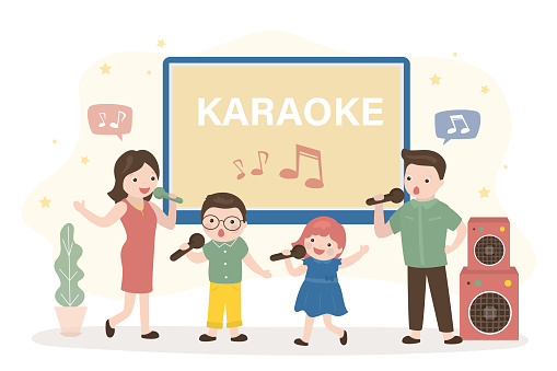 People sing song and dancing. Family entertainment, karaoke party. Happy active couple with children uses mics. Parents and kids spending time together. Trendy style vector illustration