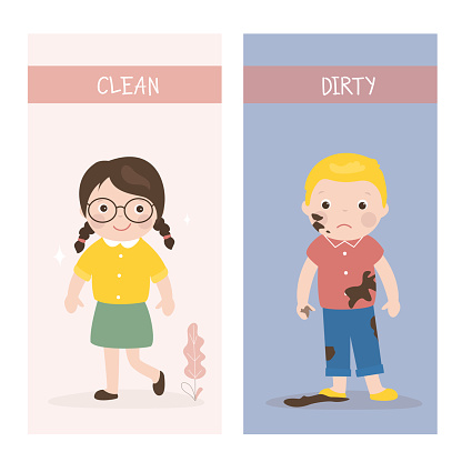 Opposite adjectives explanation cards, Clean and Dirty. Word card for language learning. Funny girl in clean clothes and boy in dirty clothes. Flashcard with antonyms for children, template. vector
