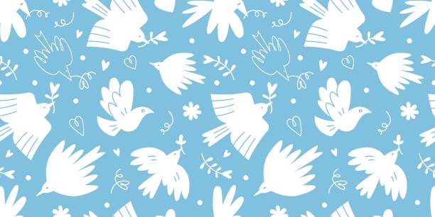Seamless pattern with cute white birds and hearts on a blue background, cartoon style. Dove of peace, no war and freedom concept. Trendy modern vector illustration, hand drawn, flat Seamless pattern with cute white birds and hearts on a blue background, cartoon style. Dove of peace, no war and freedom concept. Trendy modern vector illustration, hand drawn, flat design. spiritual warfare stock illustrations