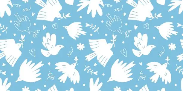 Vector illustration of Seamless pattern with cute white birds and hearts on a blue background, cartoon style. Dove of peace, no war and freedom concept. Trendy modern vector illustration, hand drawn, flat