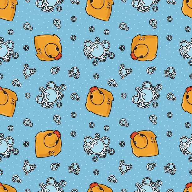 Vector illustration of Vector seamless pattern with rubber ducks and soap foam, doodle cartoon style. Trendy modern vector illustration, hand drawn, flat