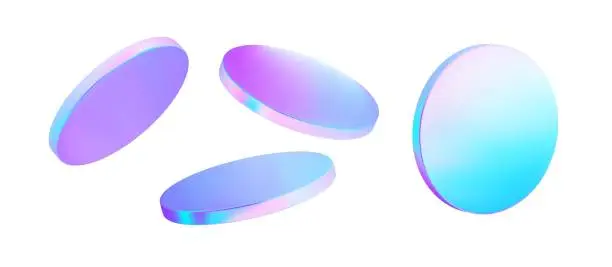 Vector illustration of Set 3d hologram disk on isolated background. Flying fluid pink, blue, pastel podium. Holo glass cylinder shape. Vector illustration