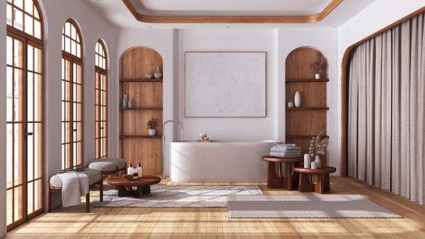 istock Bathroom in boho style with arched windows and parquet. Freestanding bathtub, carpet and side tables in white and beige tones. Japandi wooden interior design 1483567146
