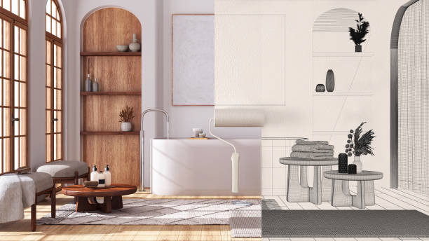 Paint roller painting interior design blueprint sketch background while the space becomes real showing wooden japandi bathroom. Before and after concept, architect designer creative stock photo