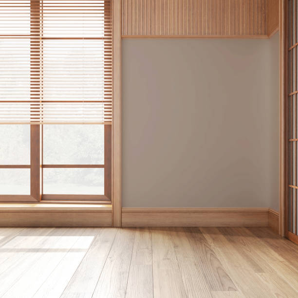 istock Empty room interior design, open space with parquet floor, big window with venetian blinds, wooden and white walls, modern architecture concept idea 1483567225