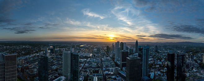 Giga panorama of the Frankurt city skyline. Modern building and skyscrapers during sunset.