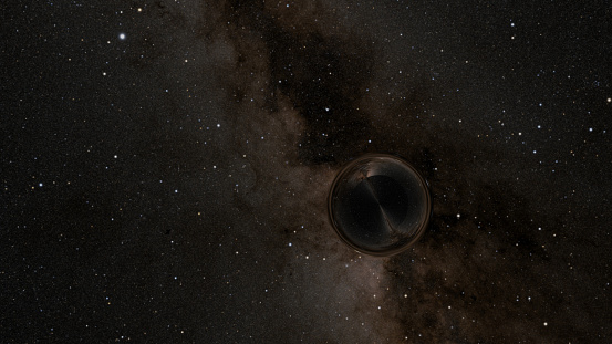 A black hole in space with milky way galaxy in background (3D Rendering)