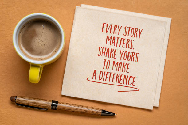 istock Every story matters, share yours to make difference. Inspirational note on a napkin, storytelling and communication concept. 1483572992