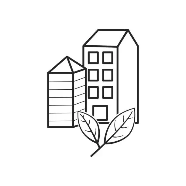 Vector illustration of eco architecture icon, green building, ecology city, bio house, thin line symbol on white background.