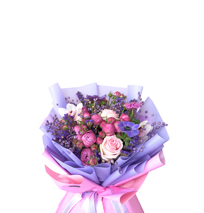 Beautiful pink bouquet with flowers background texture. Nature outdoor. Bouquet isolated on white background.