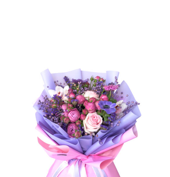 Beautiful pink bouquet with flowers background texture. Nature outdoor. Bouquet isolated on white background. stock photo