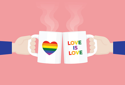 Love is love text on a cup for LGBTQ celebrate pride month