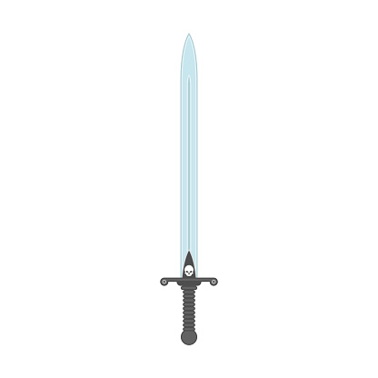 Cartoon game sword, with skull. Sword icon in flat style.