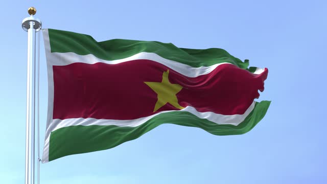 Seamless loop in slow motion of Suriname flag waves in the wind on a clear day