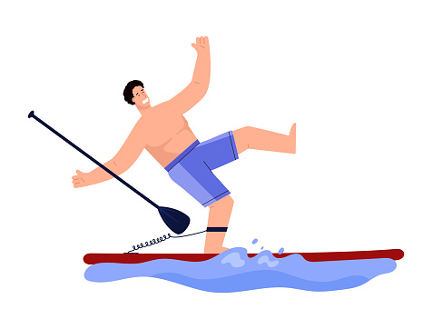 Scared man falls off paddle board, flat vector illustration isolated on white background. Character learning to paddle on board. Concept of water sport and sup boarding.