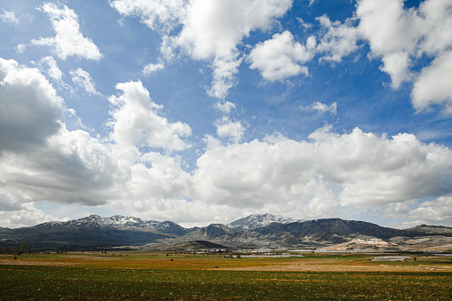 agricultural fields and mountain landscape