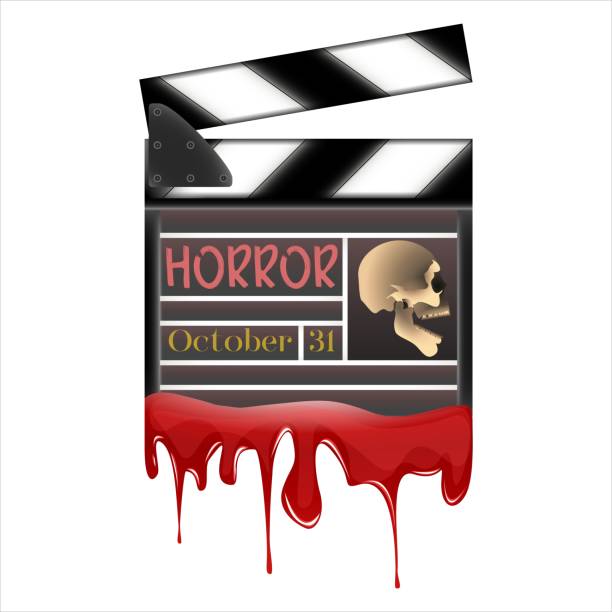 Clapperboard with skull in realistic style. Halloween R-rated horror movie. Clapperboard with skull in realistic style. Halloween R-rated horror movie. Colorful vector illustration isolated on white background. rated r stock illustrations