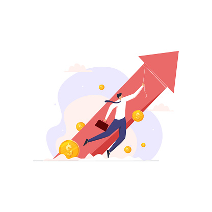 Person get rich and business idea success, Businessman flying with growth arrow, Financial independence