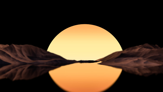 Orange sun in the darkness among the water surface and mountains. Landscape planet orange.3D render