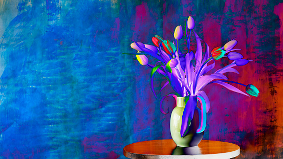 bunch of tulips in a mug, solarized colors,free copy space. This is a photography, no illustration