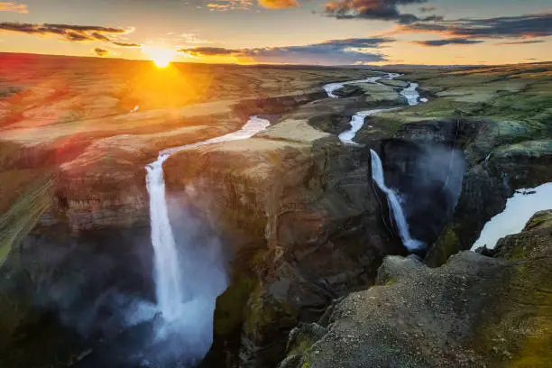 Aerial view majestic of Haifoss waterfall flowing on volcanic canyon among Icelandic Highlands in summer at Iceland