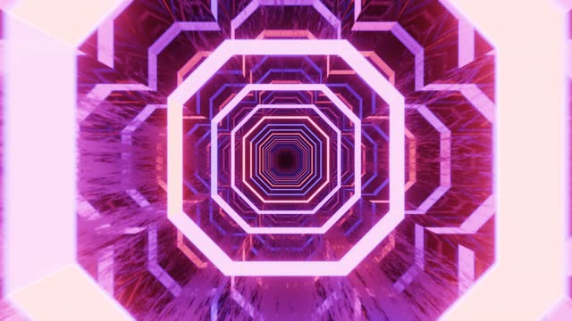 4k seamless looped animation. Fly through mirror tunnel with neon pattern, glow lines form sci fi pattern. Bright reflection neon light. Simple bright background, sci fi structure
