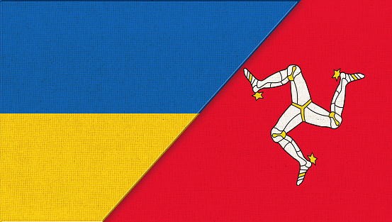 Flag of Ukraine and Isle of Man. Ukrainian and Island of Man diplomatic relations - 3D illustration. National Symbols of Ukraine and Isle of Man. diplomatic relations of two countries