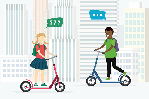 Teenage children ride scooters and talking. Happy multiethnic children spend time outdoors. Lifestyle, eco transport. City view on the background. Flat vector illustration