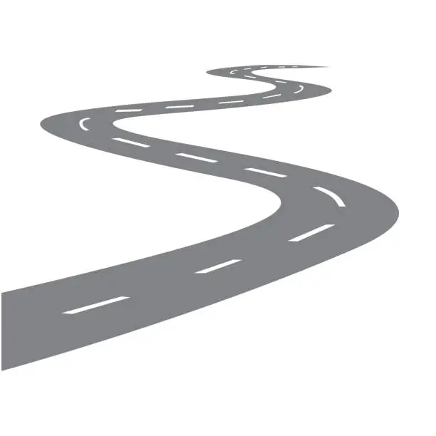 Vector illustration of Winding road. Curved highway road with white markings. Vector illustration flat cartoon.