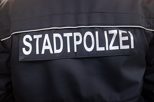 Stadtpolizei inscription on german citypolice officer (Stadtpolizei means Citypolice in German language) bulletproof vest.