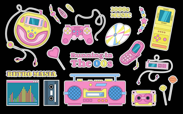 illustrazioni stock, clip art, cartoni animati e icone di tendenza di adesivi vettoriali y2k ed etichette con oggetti retrò vecchio stile, lettori musicali, gamepad, telefoni cellulari, cassette, articoli per hobby. - cd player