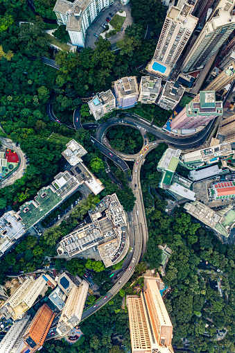 Aerial view of a modern buildings exterior in Hong Kong