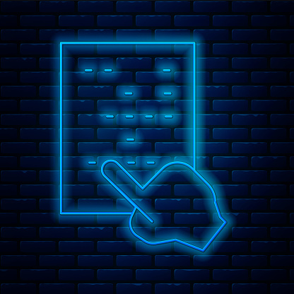 Glowing neon line Braille icon isolated on brick wall background. Finger drives on points. Writing signs system for blind or visually impaired people. Vector.