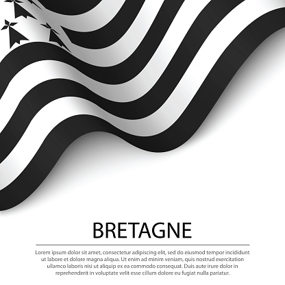 Waving flag of Brittany is a region of France on white background. Banner or ribbon vector template