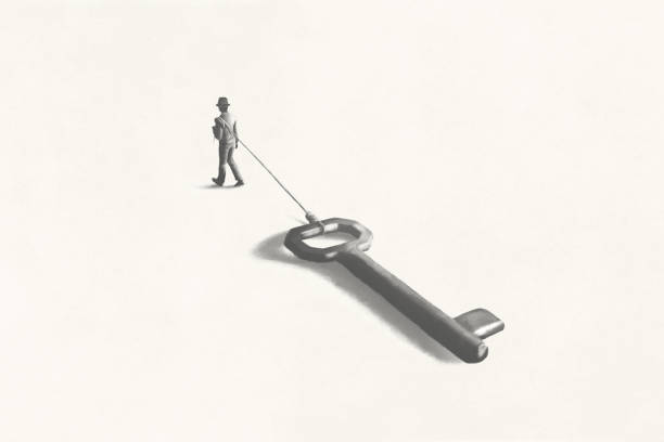 istock Illustration of man dragging a big heavy key, access surreal abstract concept 1483612267