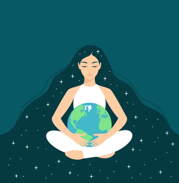 Vector illustration of Young woman with long starry hair and closed eyes sitting in lotus position and hugging planet Earth. Care and protection of the environment. Flat vector illustration