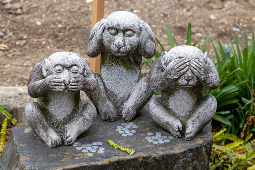 Tokyo, Japan - March 21, 2023:  Monkey sculpture in Shibamata, a Historic neighborhood in Tokyo, Japan