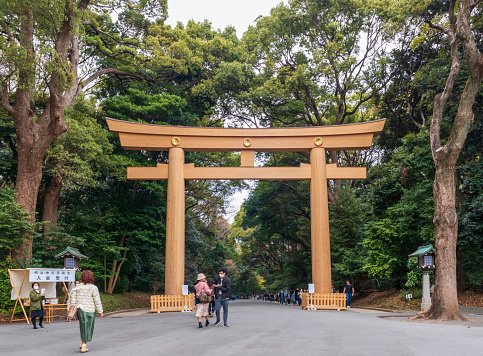 Tokyo, Japan - March 21, 2023: Meiji Jingu, Shinto shrine dedicated to the deified spirits of Emperor Meiji and his wife Empress Shoken in Tokyo