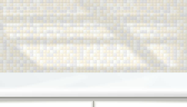 3D kitchen room table, work surface, light pastel tiled wall, white acrylic podium or plastic product shelf. Vector grey mosaic ceramic tiles wall background mockup. Showcase shadow stage scene 3D kitchen room table, work surface, light pastel tiled wall, white acrylic podium or plastic product shelf. Vector grey mosaic ceramic tiles wall background mockup. Showcase shadow stage scene. wooden kitchen cabinet stock illustrations