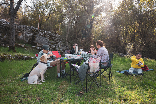 Family having breakfast at picnic table in forest with dog